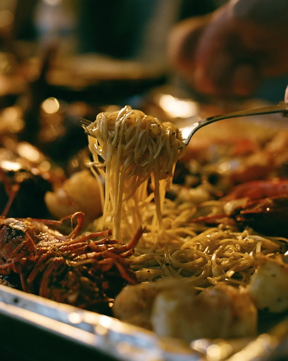 Garlic butter noodles over a seafood tray