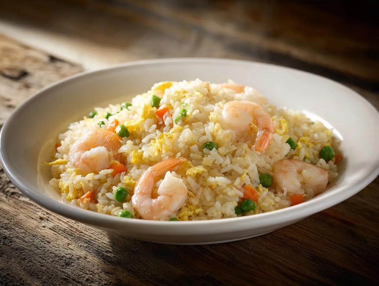 Shrimp fried rice with egg, peas and carrot