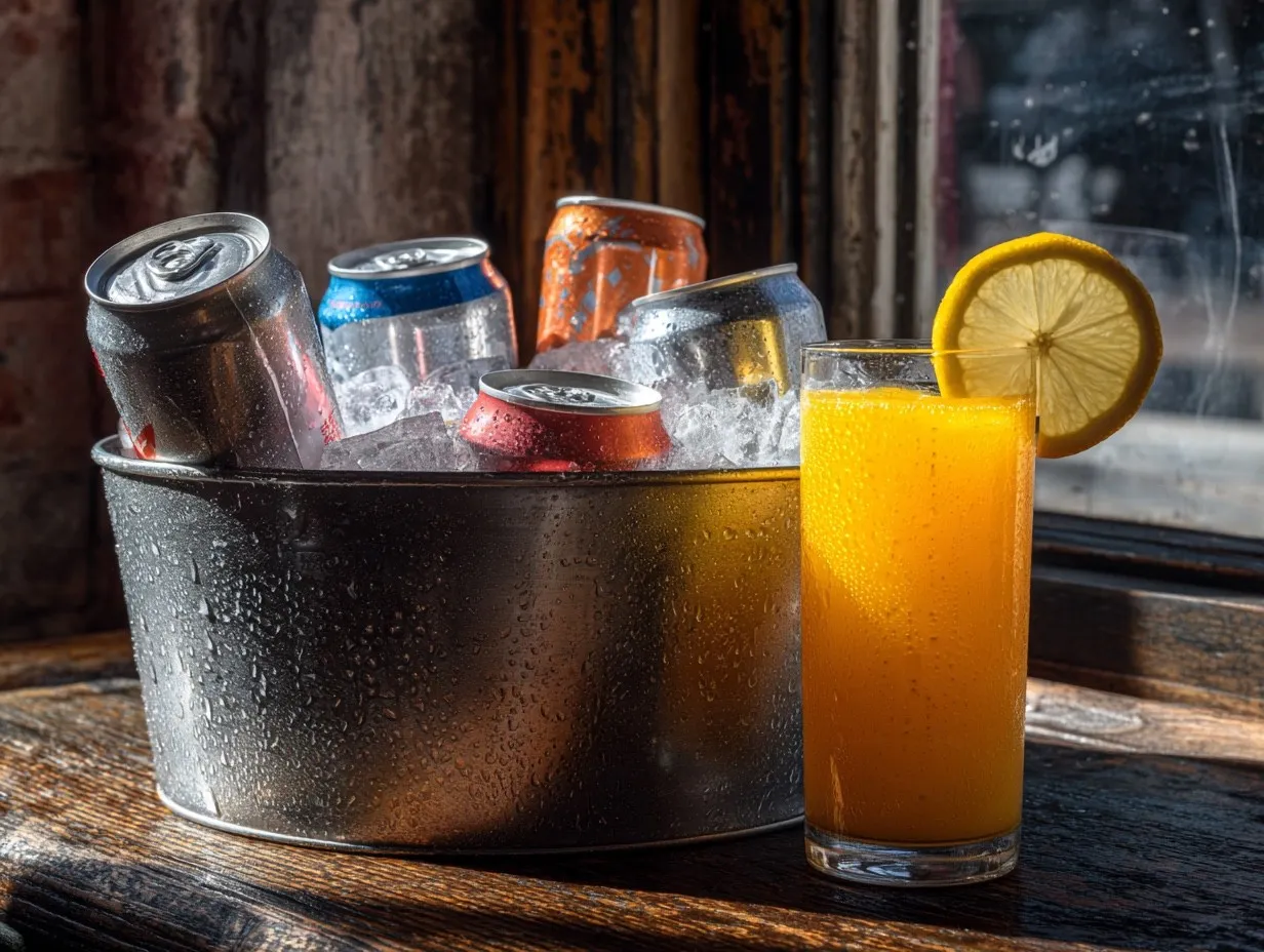 Canned sodas on ice and a glass of orange juice