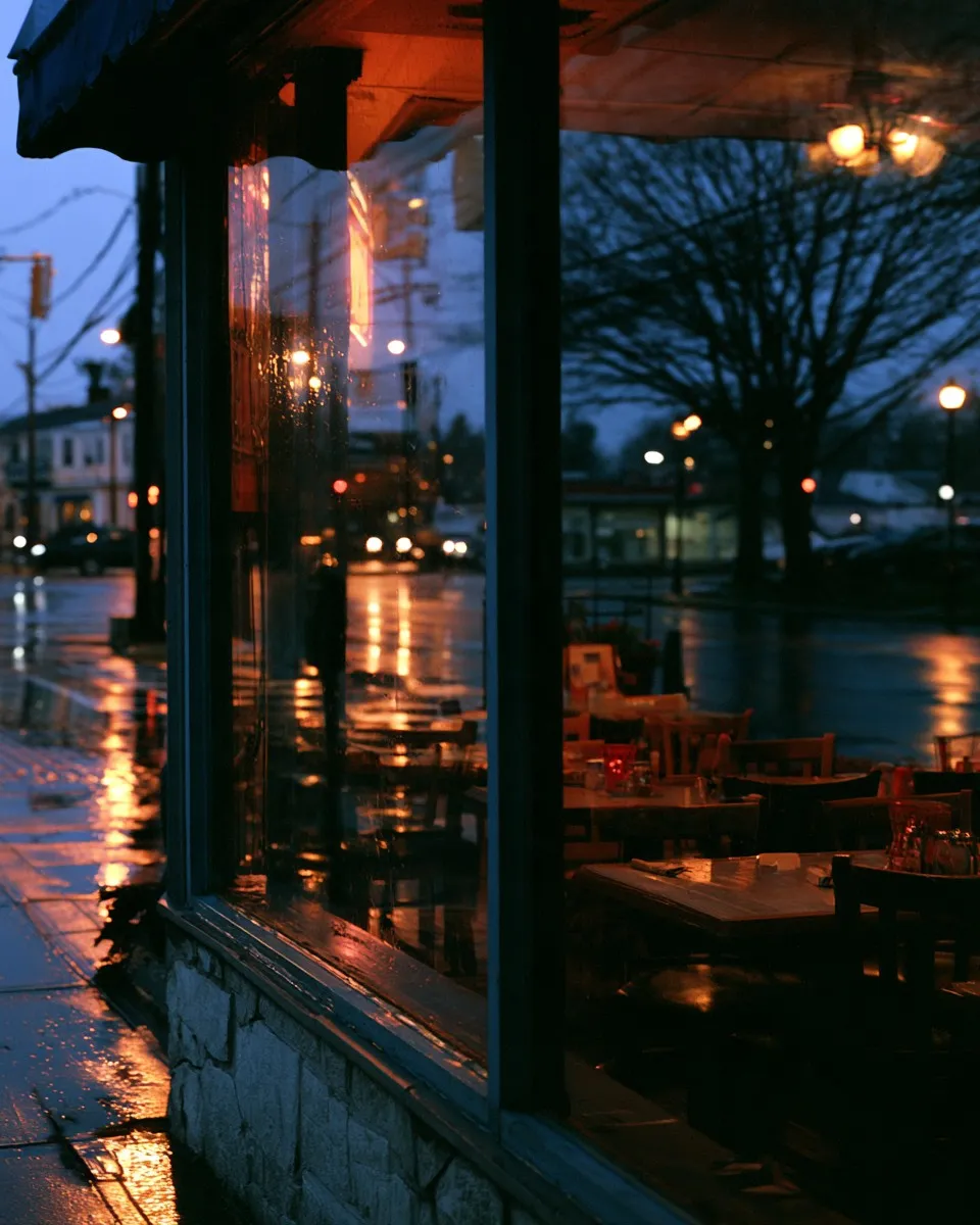 Restaurant window at dusk